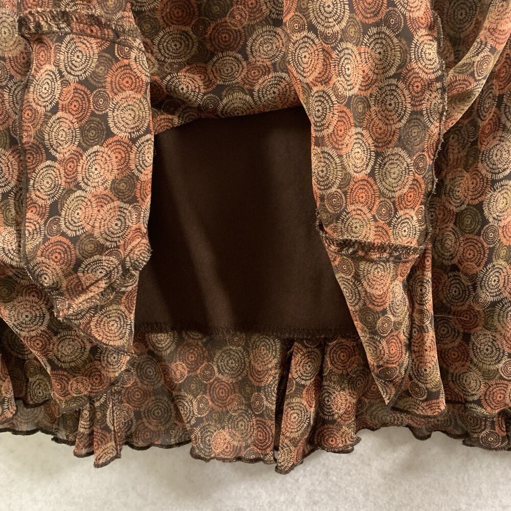 Womens Geometric Flounce Midi‎ Skirt Sz LP Brown Y2K Boho Office Chiffon Fairy - Picture 3 of 10